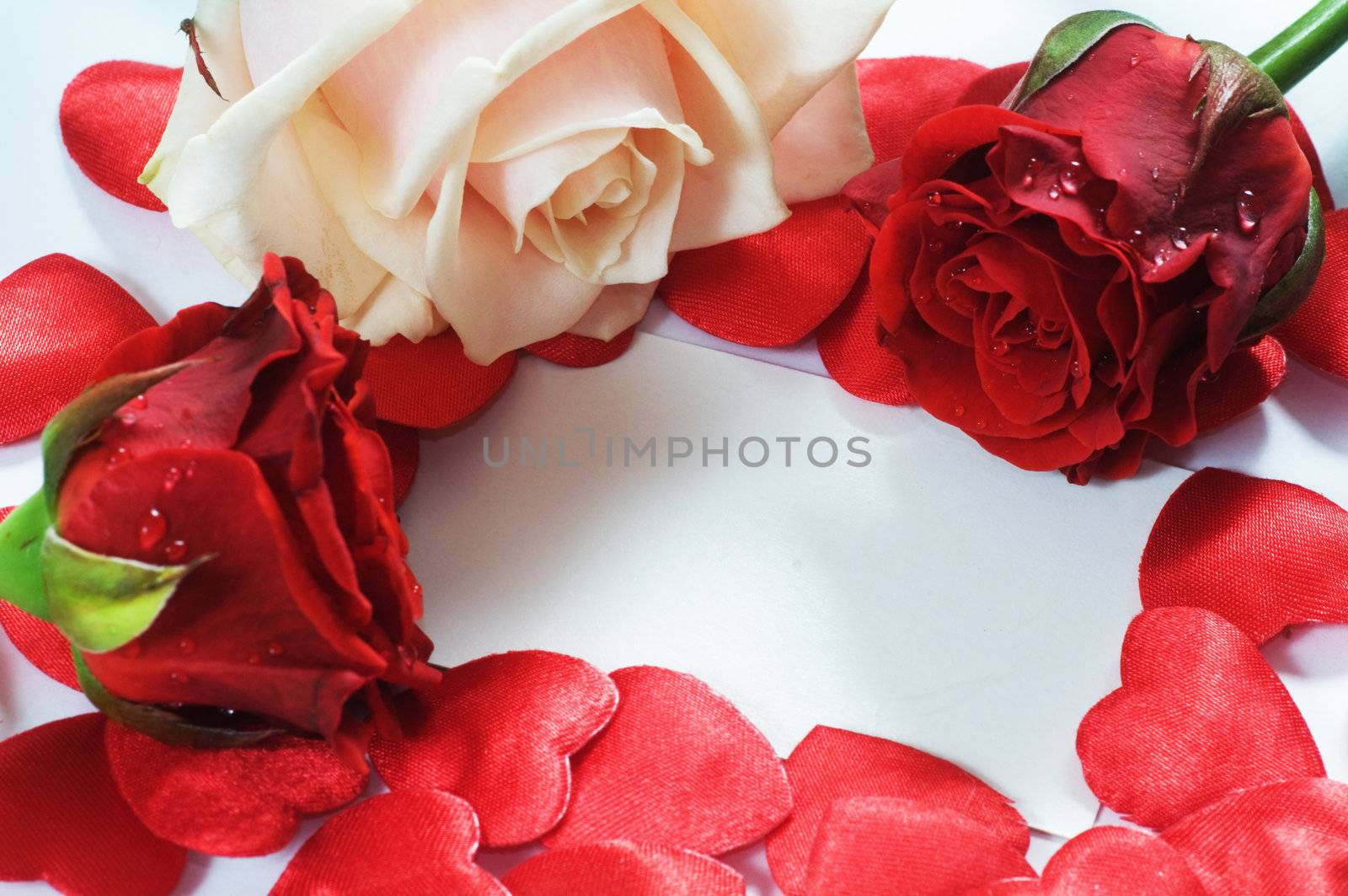 Love message, roses and hearts confetti. Composition for themes like love, valentine's day, holidays.