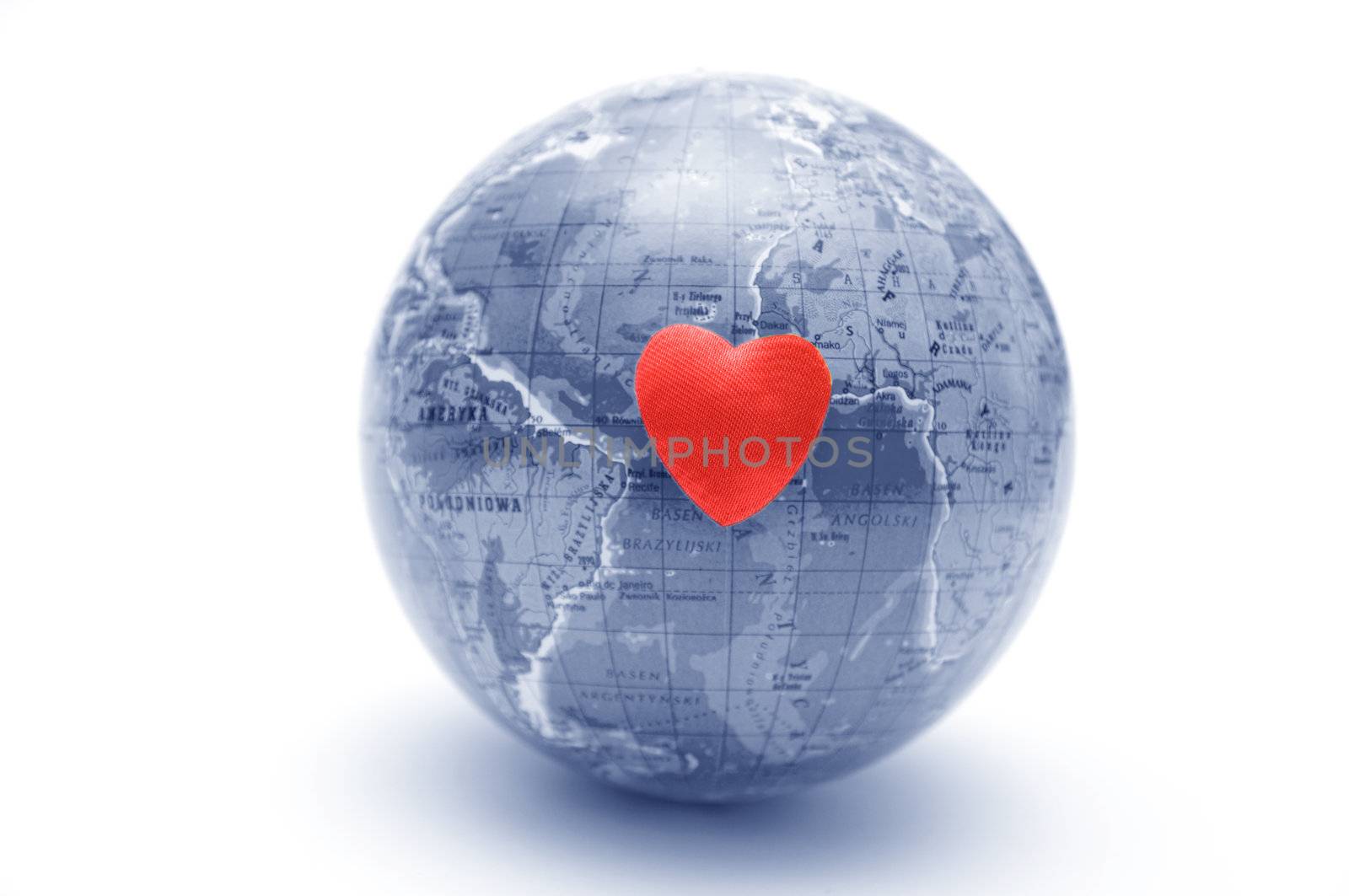 Health of the Earth conceptual. Globe with heart on white background, useful for various concepts