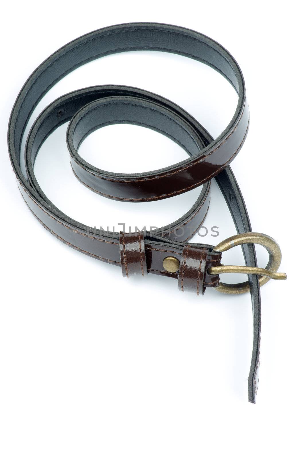 Leather Brown Women's Belt with Bronze Buckle Rolled up isolated on white background