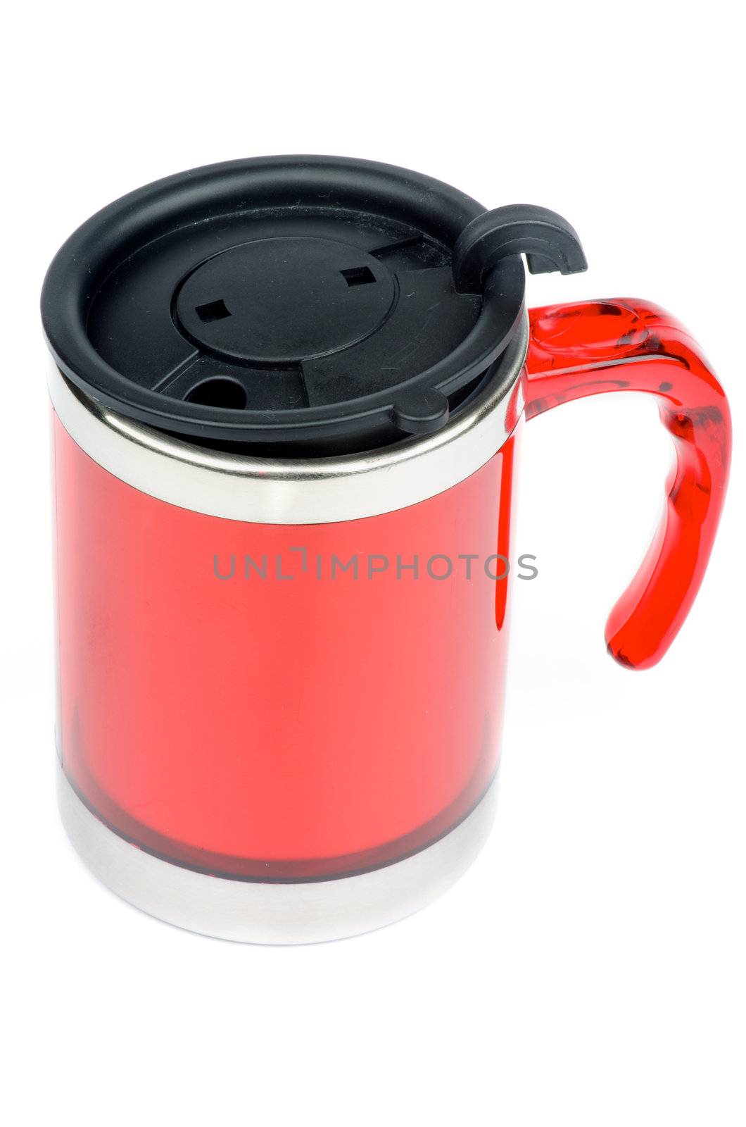 Red Thermos Mug with Black Lid isolated on white background