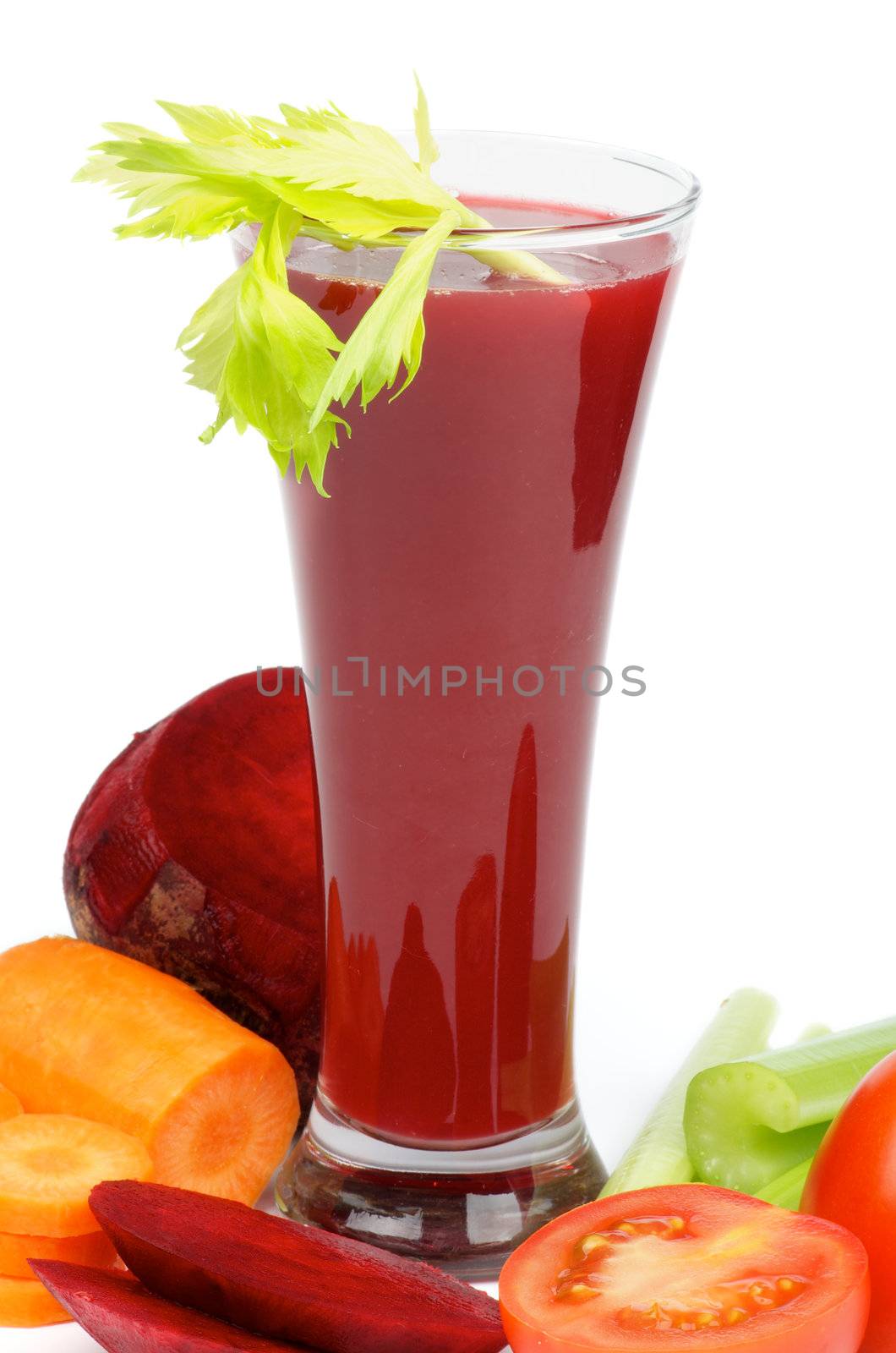 Vegetable Juice of Beet, Carrot, Tomatoes and Celery in High Glass isolated on white background