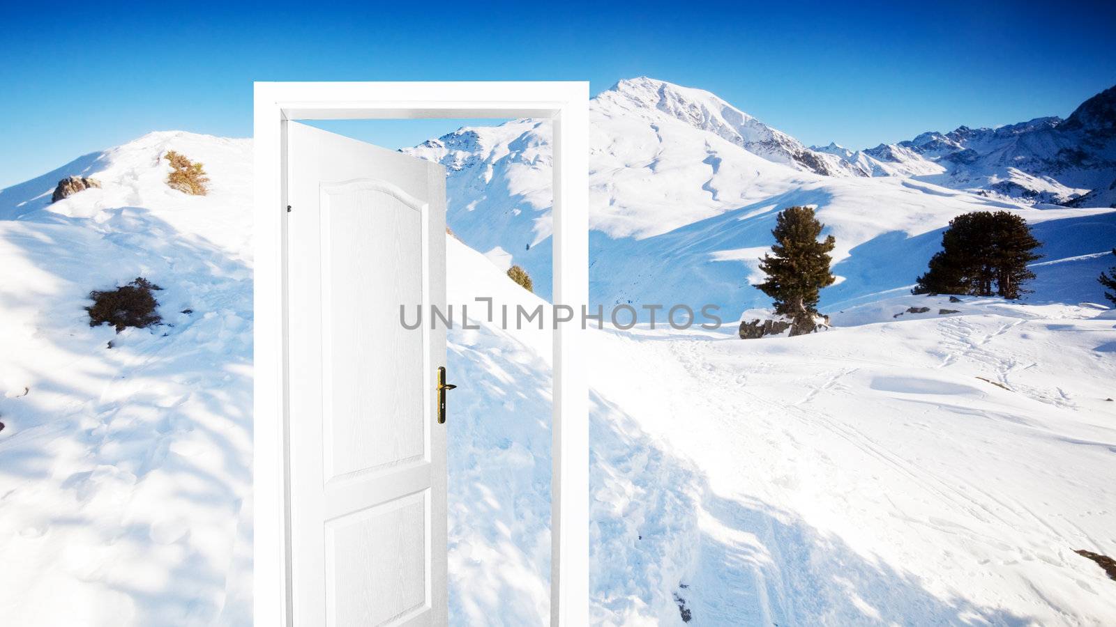 Door to new world in the winter scenery