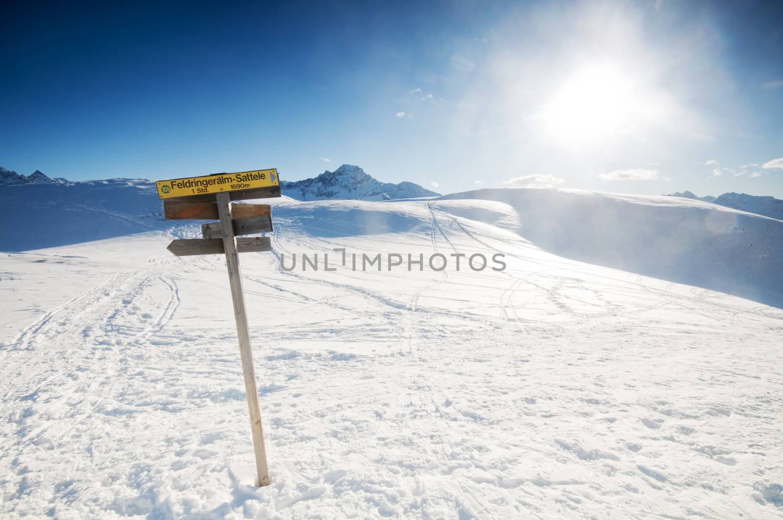 The signpost in the snowy mountains scenery