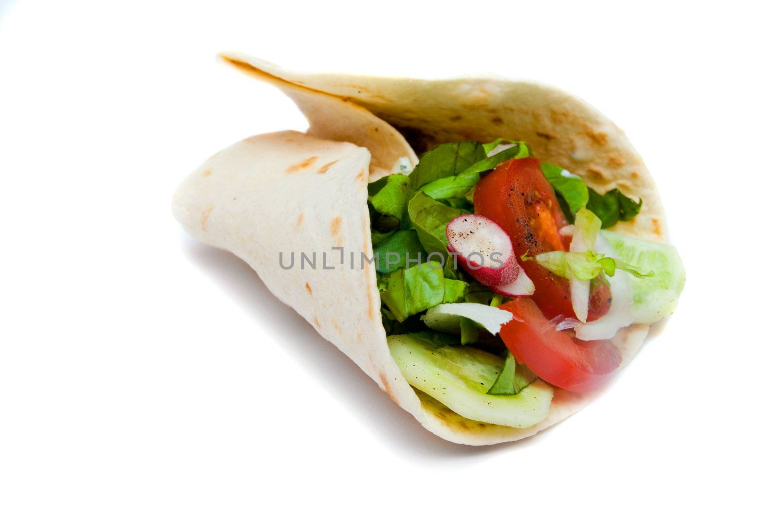 Turkish kebab with vegetables on white background