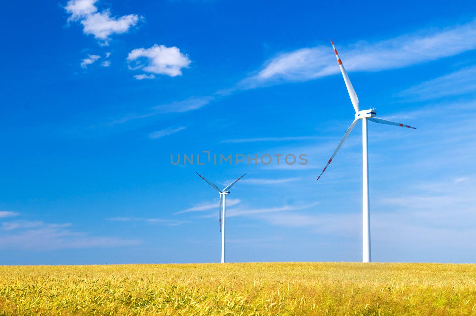Wind turbines landscape. Environment fiendly source of energy