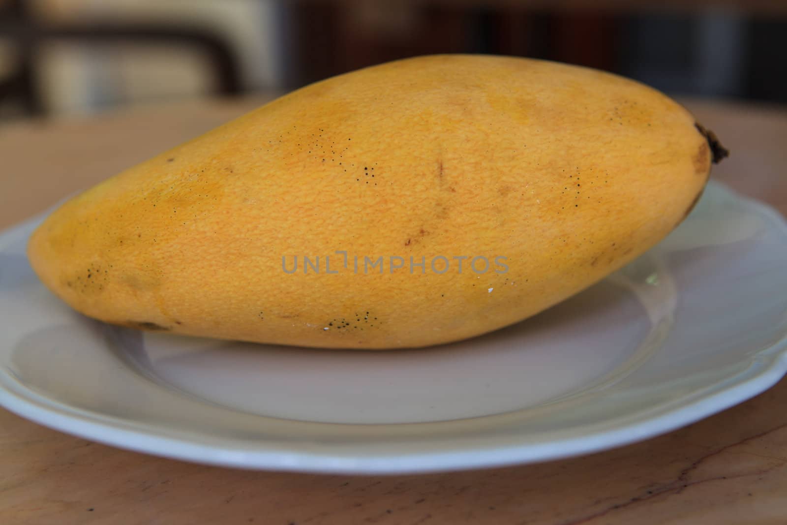 Fresh Mango on white disk with light brown Background