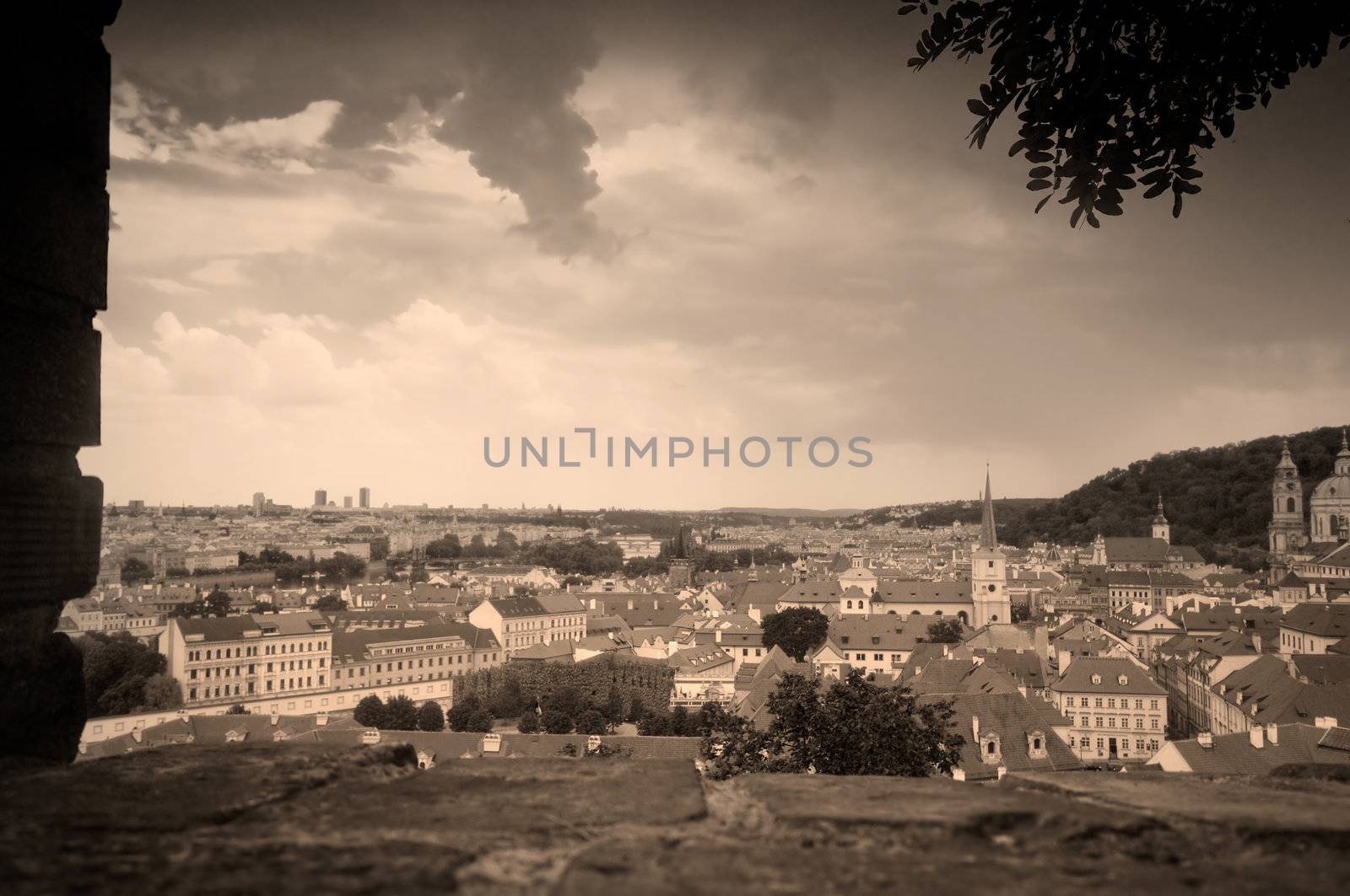 Prague, Mala Strana. View from Hradcany. Sepia mood