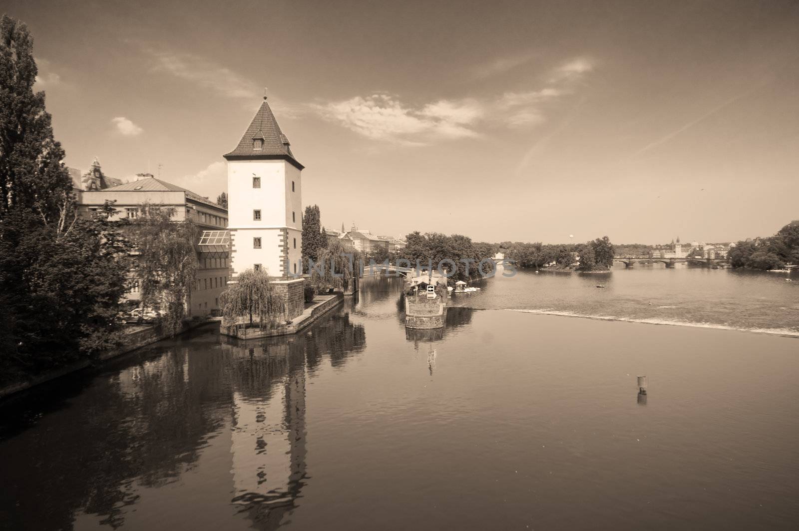 Vltava river - from Jirasek bridge view towards Detsky (Childrens) island