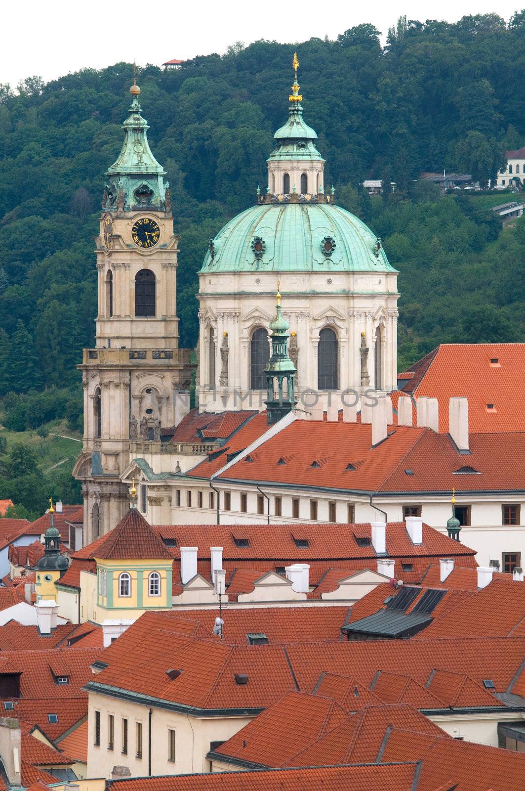 Architecture in Prague, Mala Strana. View towards Petrin hill