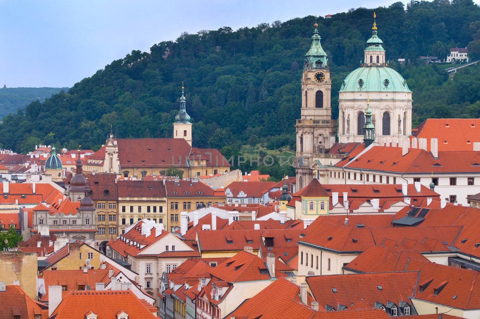 Architecture in Prague, Mala Strana. View towards Petrin hill 