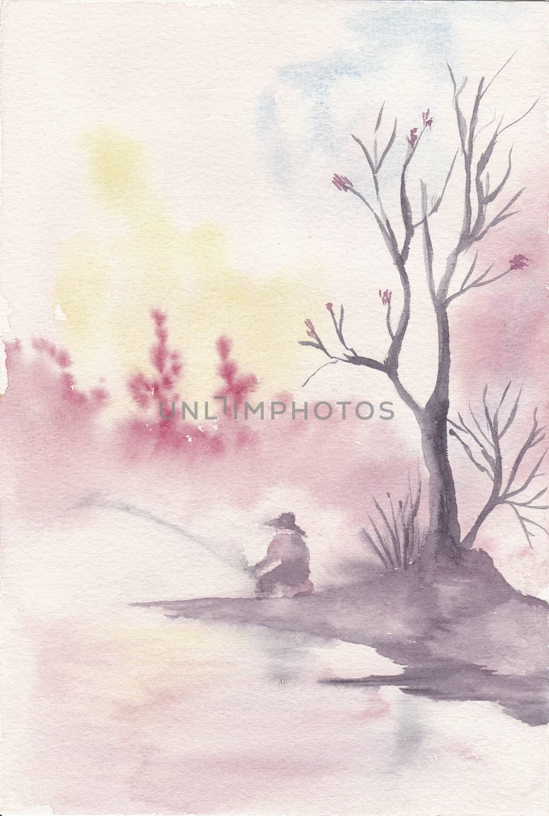 hand painted watercolor of a person fishing by paddythegolfer