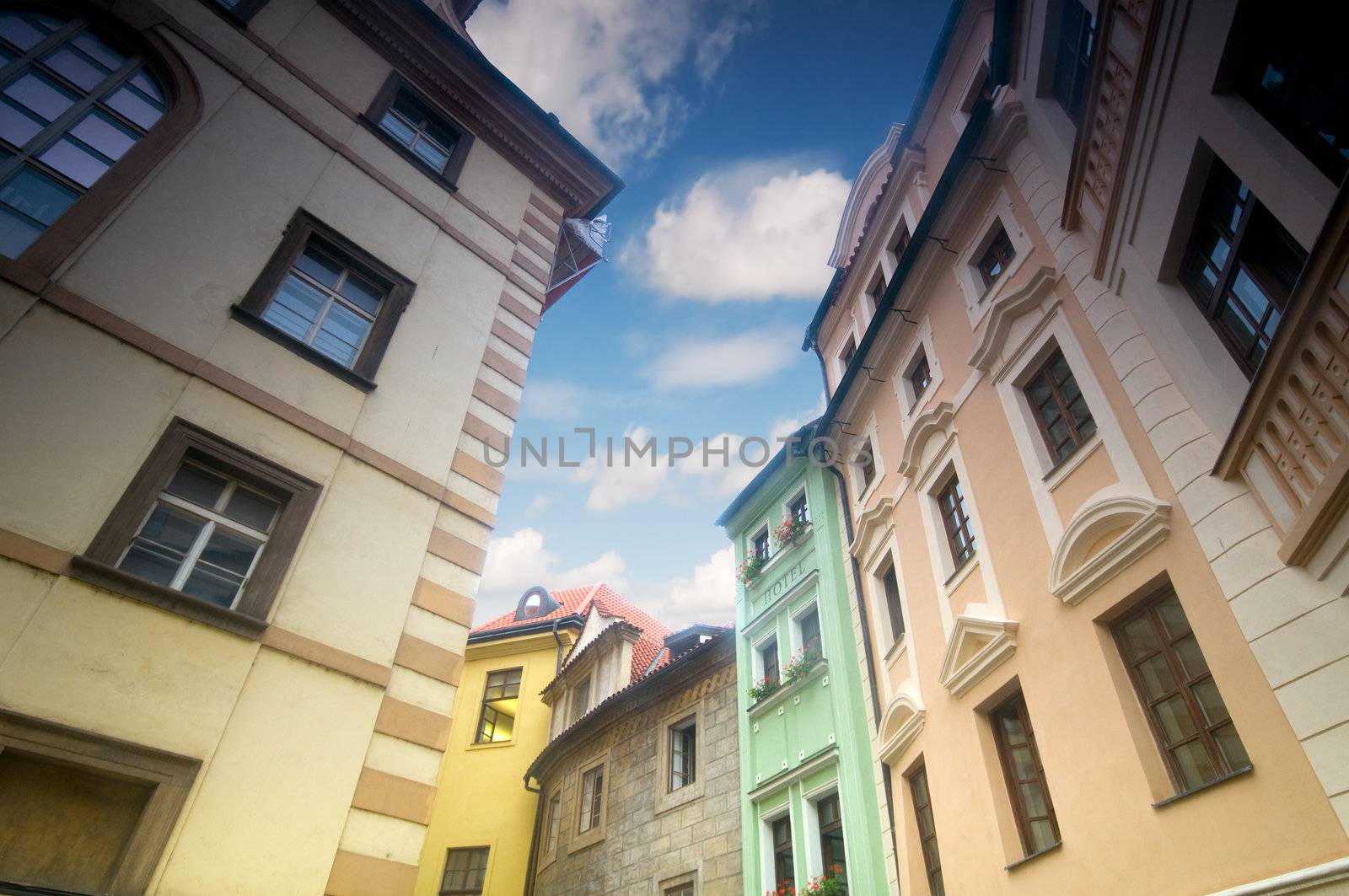 Prague. Old, charming buildings and blue sky