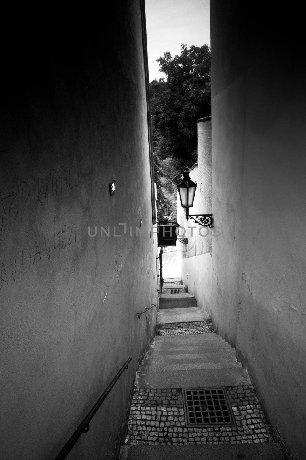 Very narrow street in Prague. Black and white