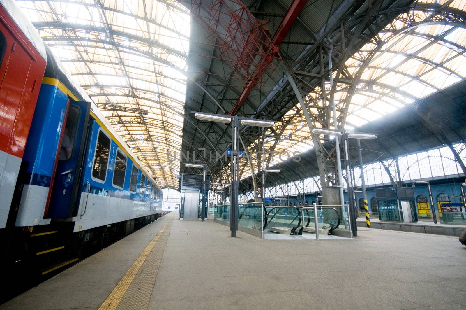 Railway station. Train waiting to go.