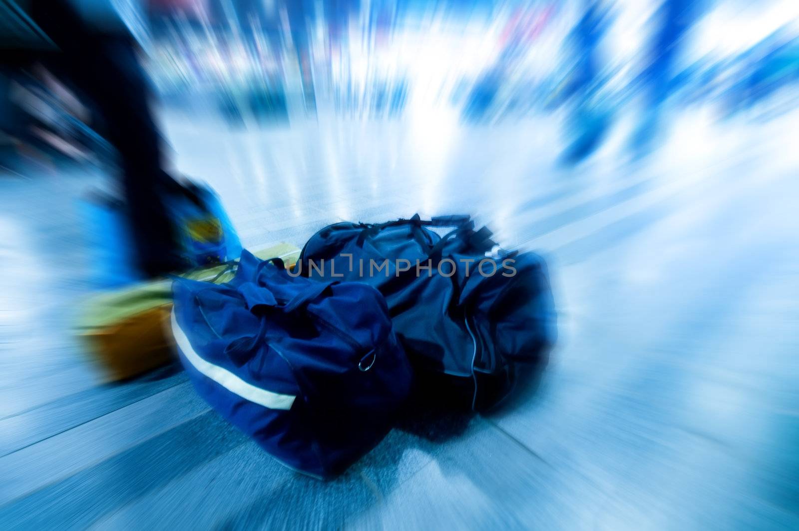 Travel concept. Railway station, bag and motion blur