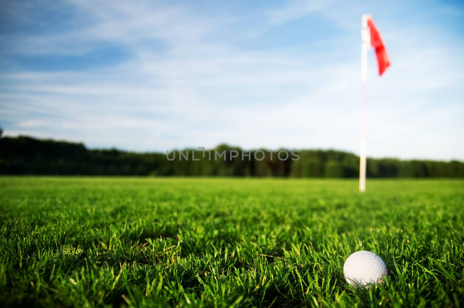 Golf field with green grass and red flag.