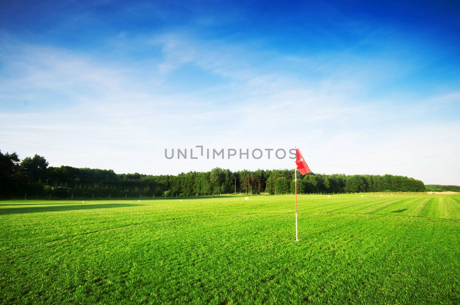 Golf field with green grass and red flag.