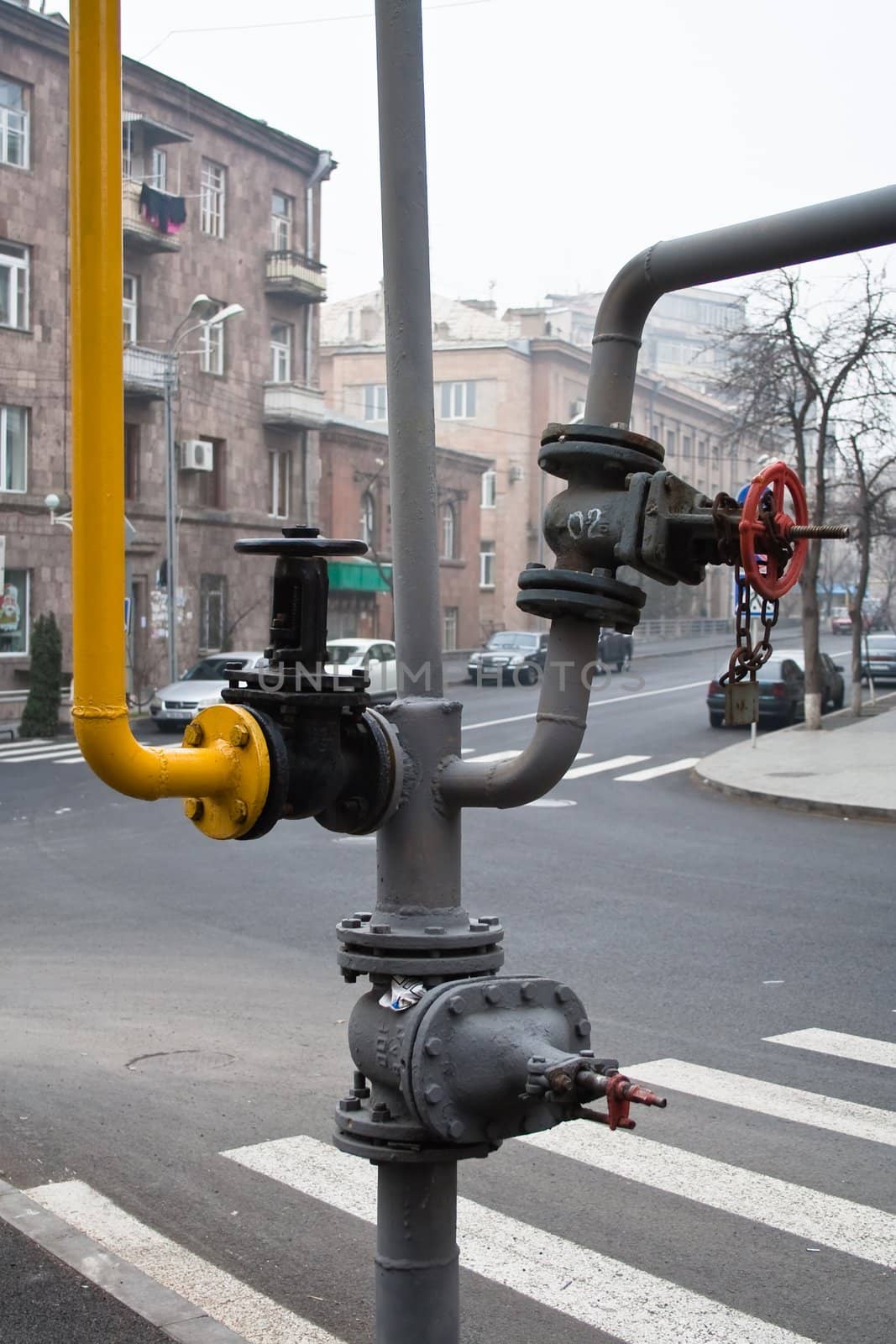 The layout of pipe fittings on a city street