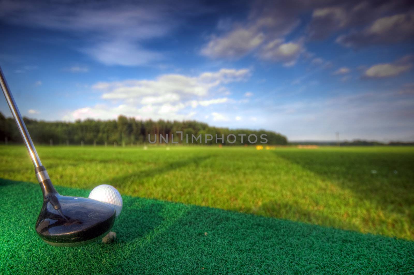 Playing golf. Golf club and ball. Preparing to shot