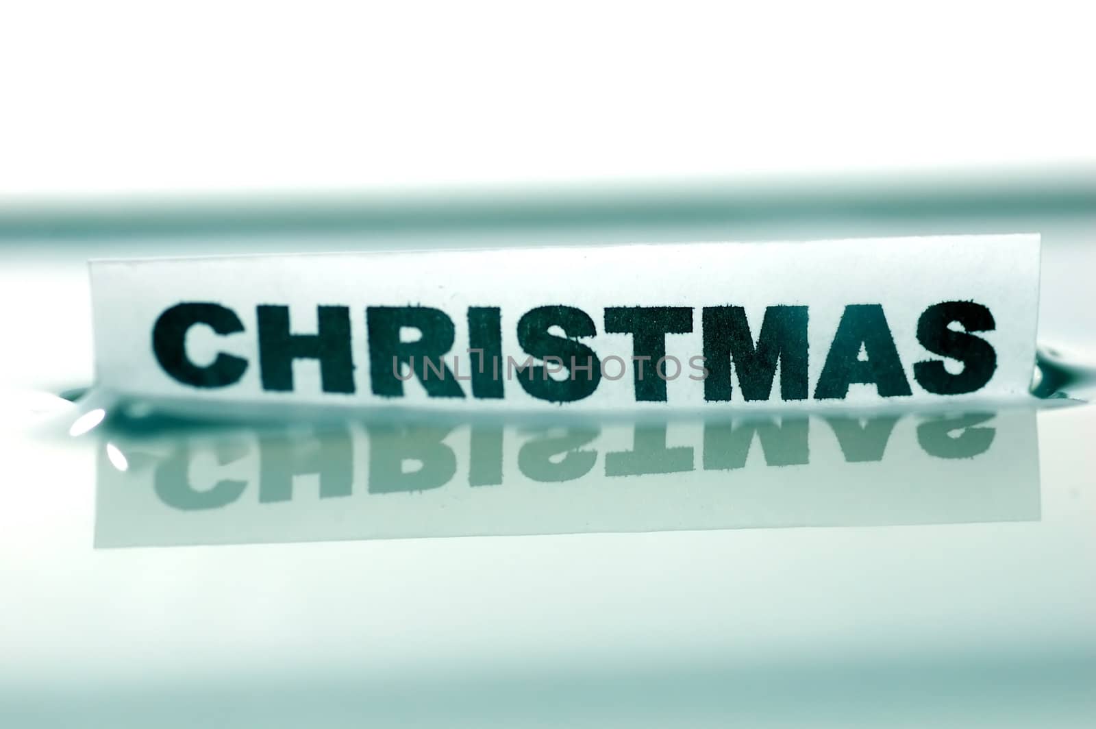 Card floating on water surface with printed word: CHRISTMAS