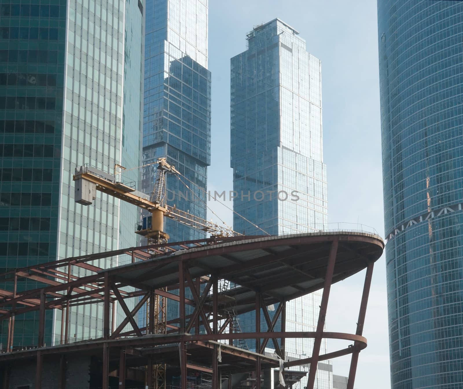 construction of office buildings Moscow business center on a winter day