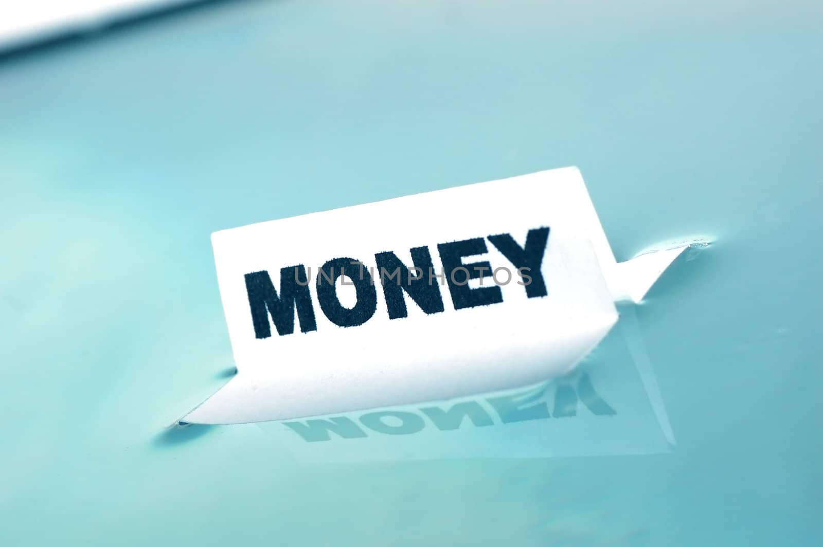 Card floating on water surface with printed word: MONEY