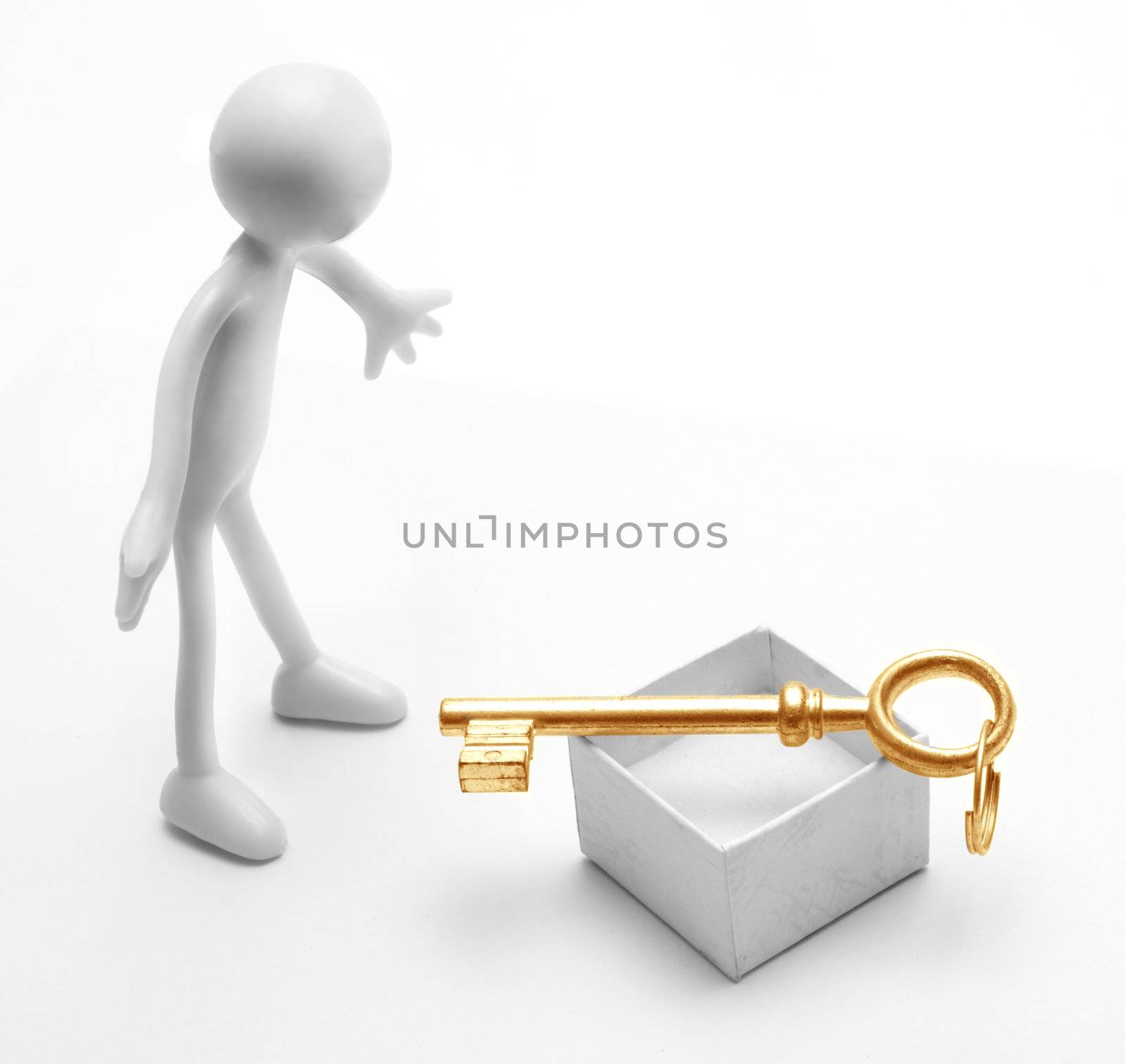 Human figure and a gold key gift. White background, conceptual
