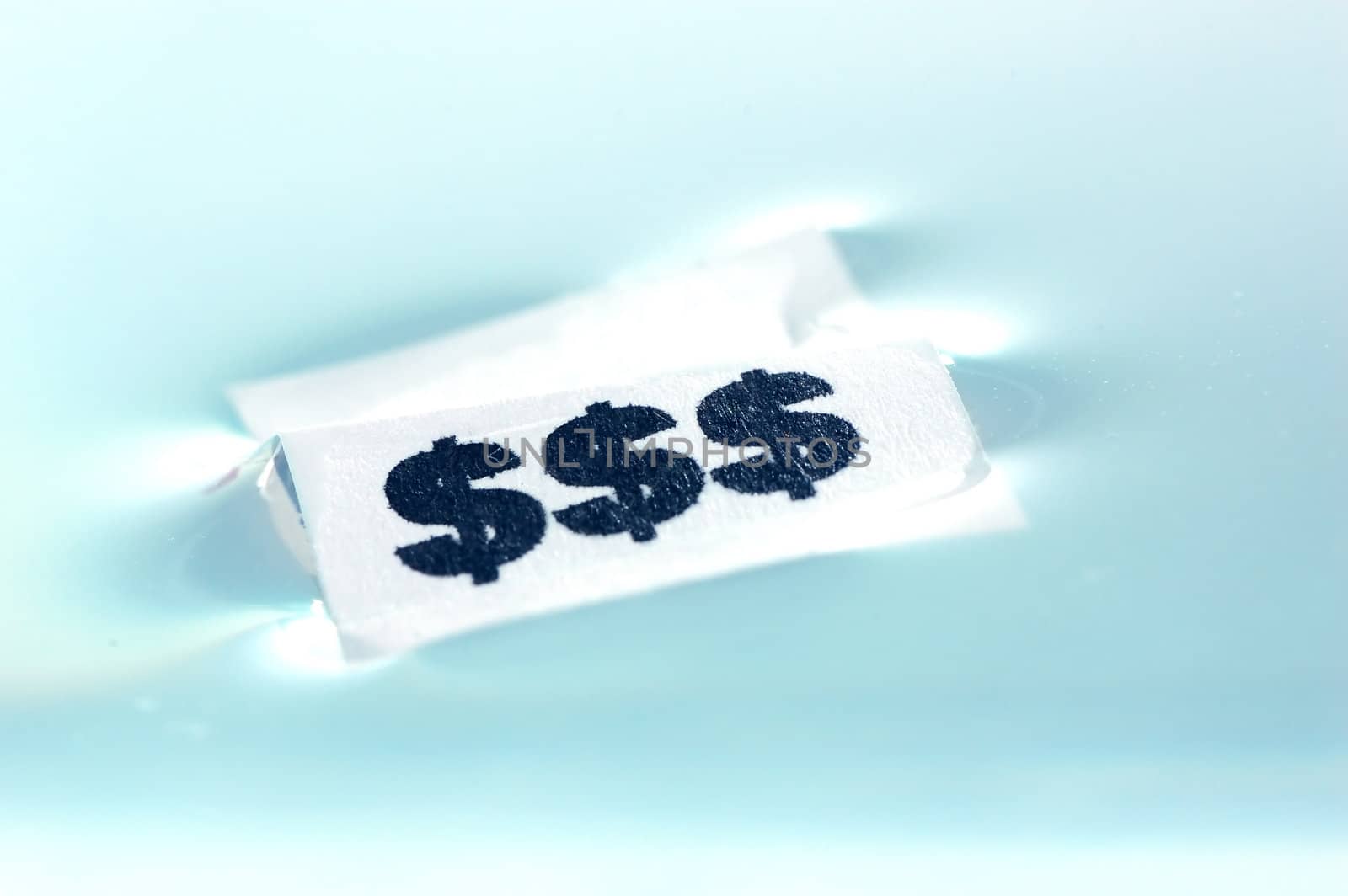 Card floating on water surface with printed: $$$