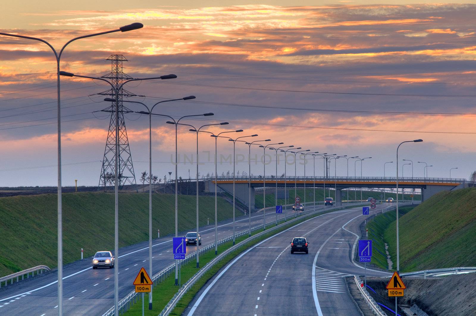 Highway at sunset. Top view