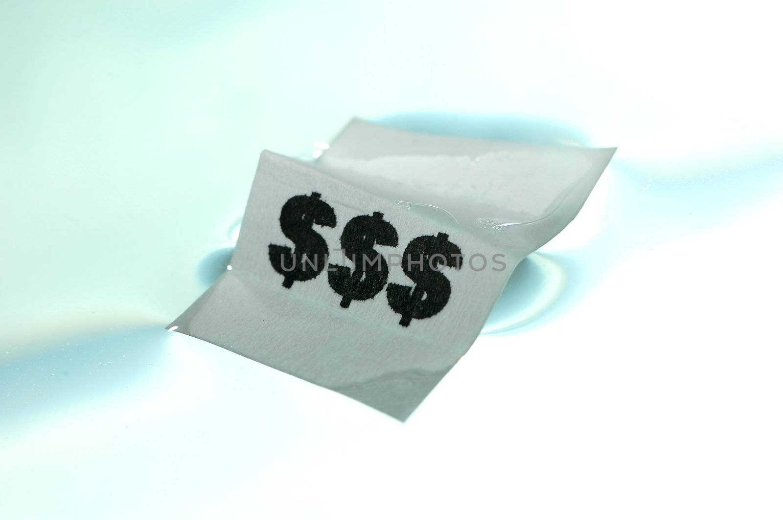 Card floating on water surface with printed: $$$