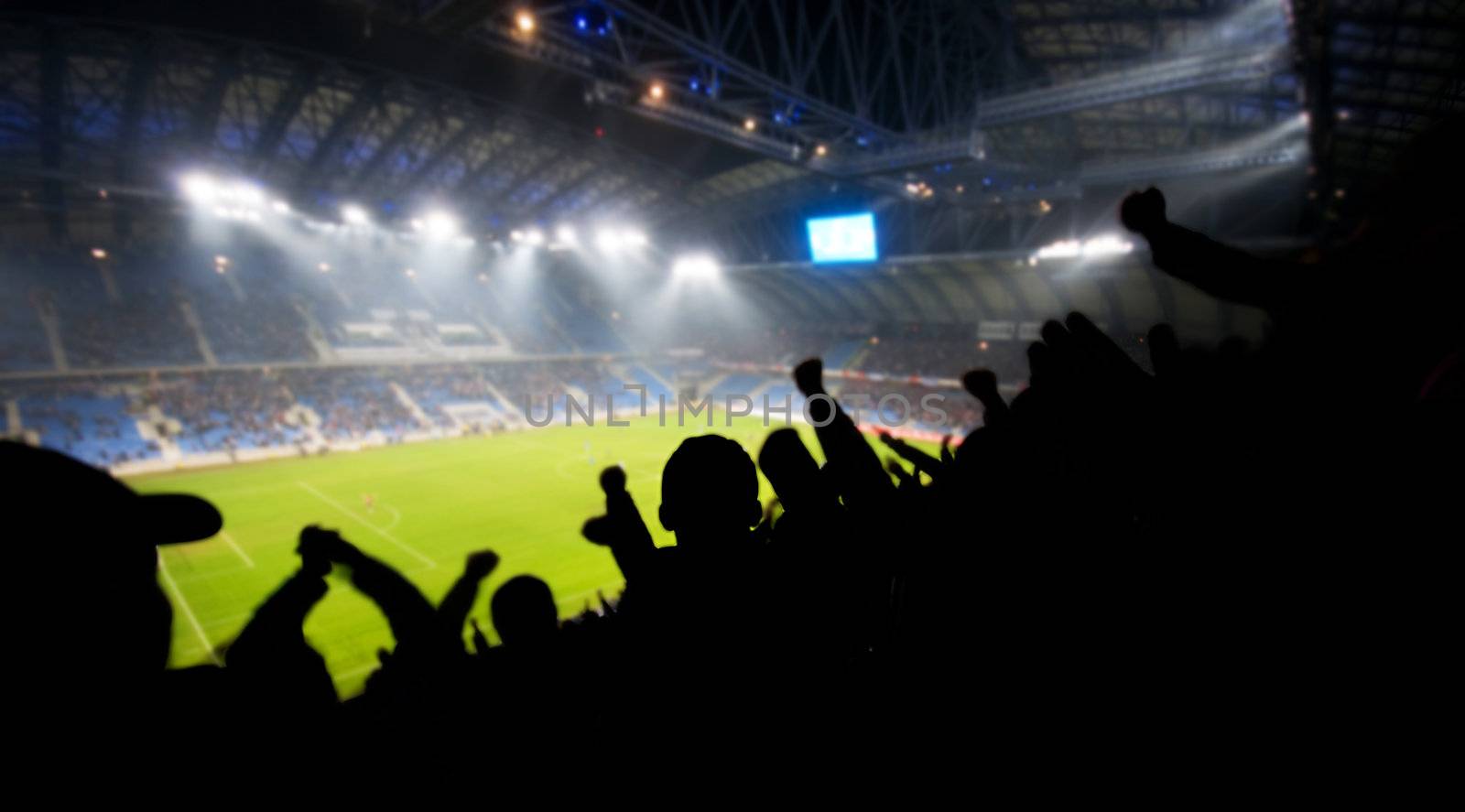 Silhouettes of fans celebrating a goal on football / soccer match