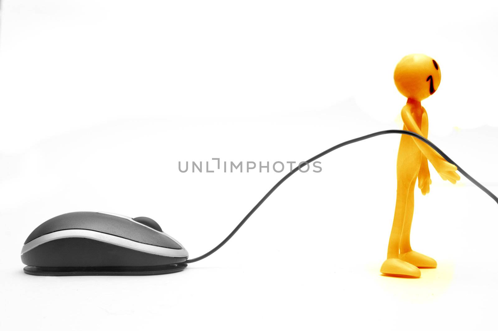 Smiling face pulling a computer mouse. Conceptual