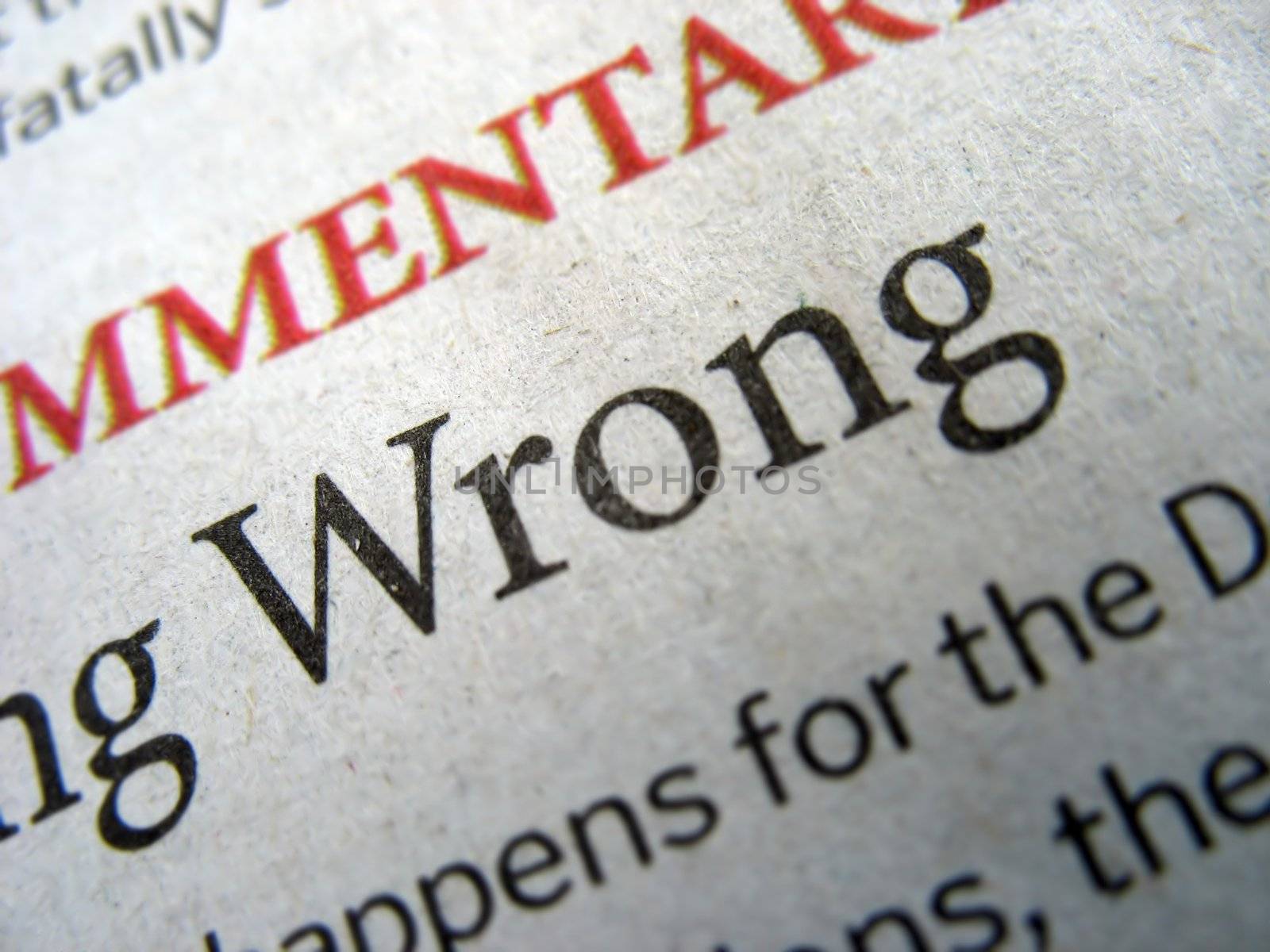 The word "Wrong" Isolated in a newspaper headline.