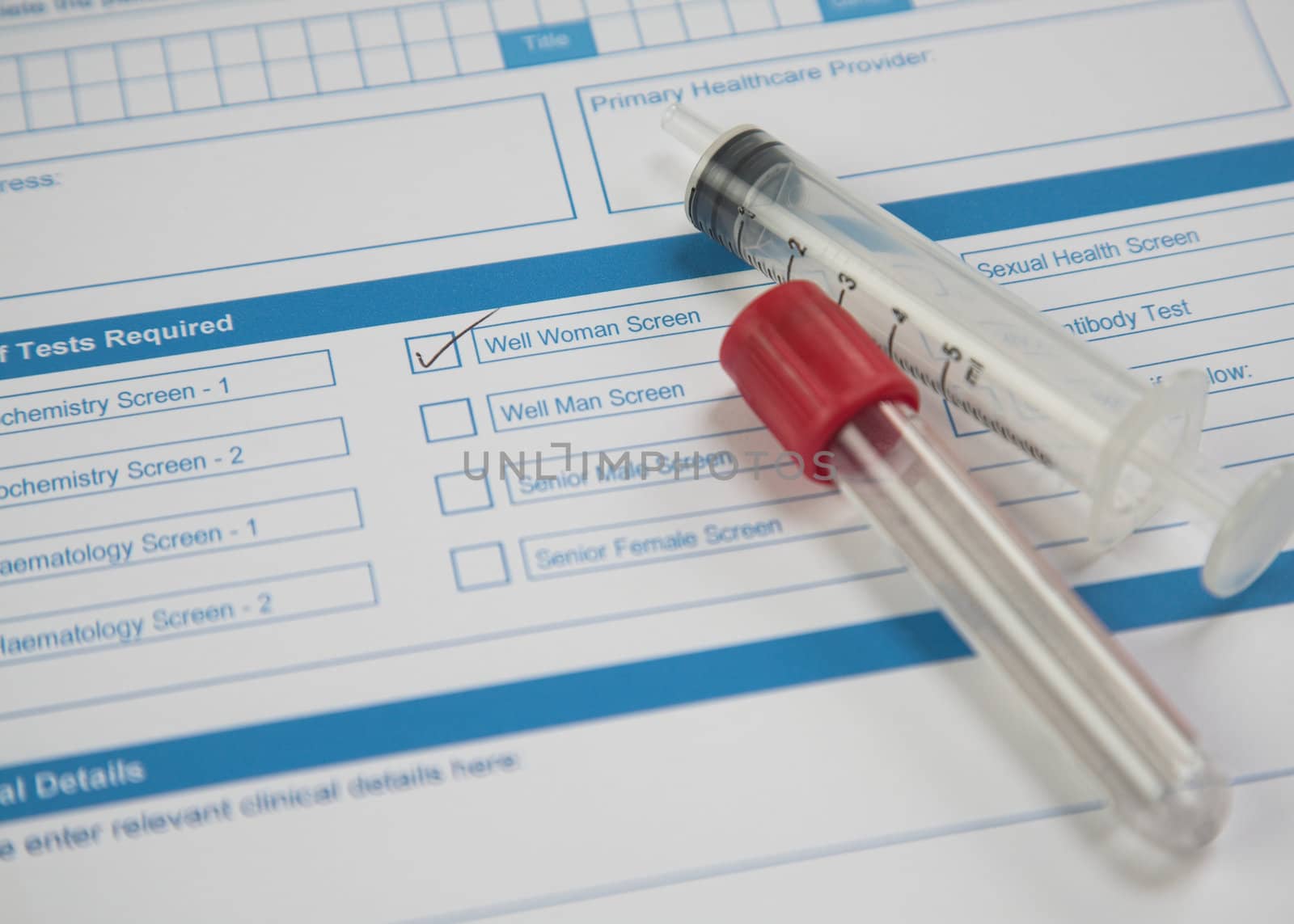 A pathology request form ticked for Well Woman Screen with syringe and blood tube.