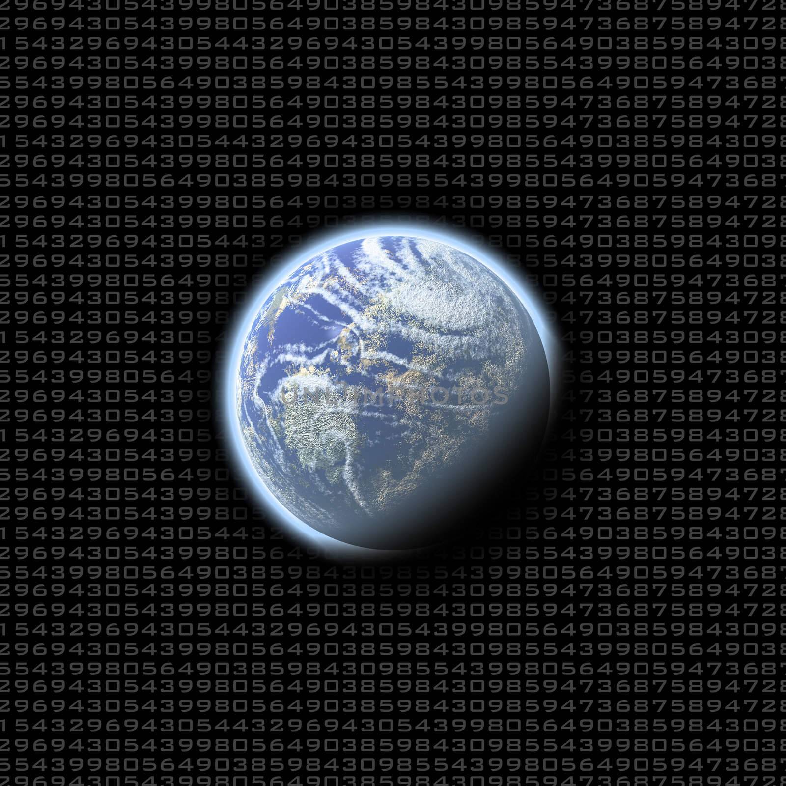 A glowing planet earth over a dark background of random numbers.