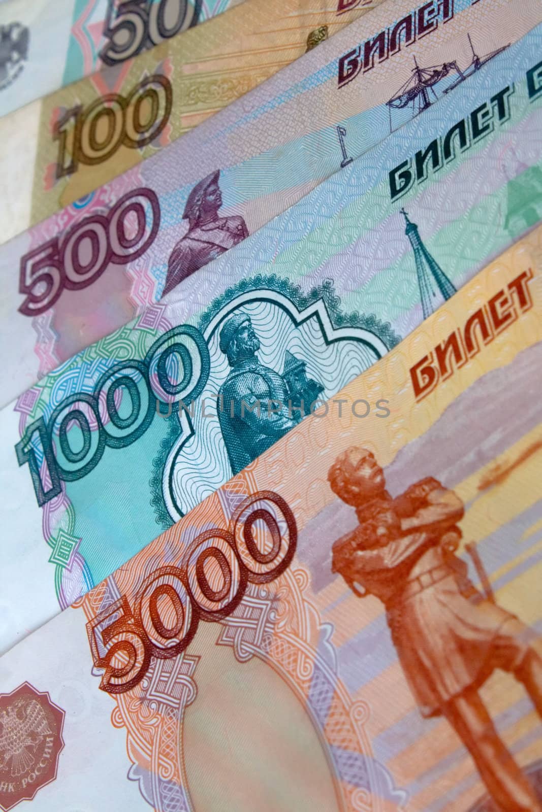Russian money of different denomination, photographed close-up.