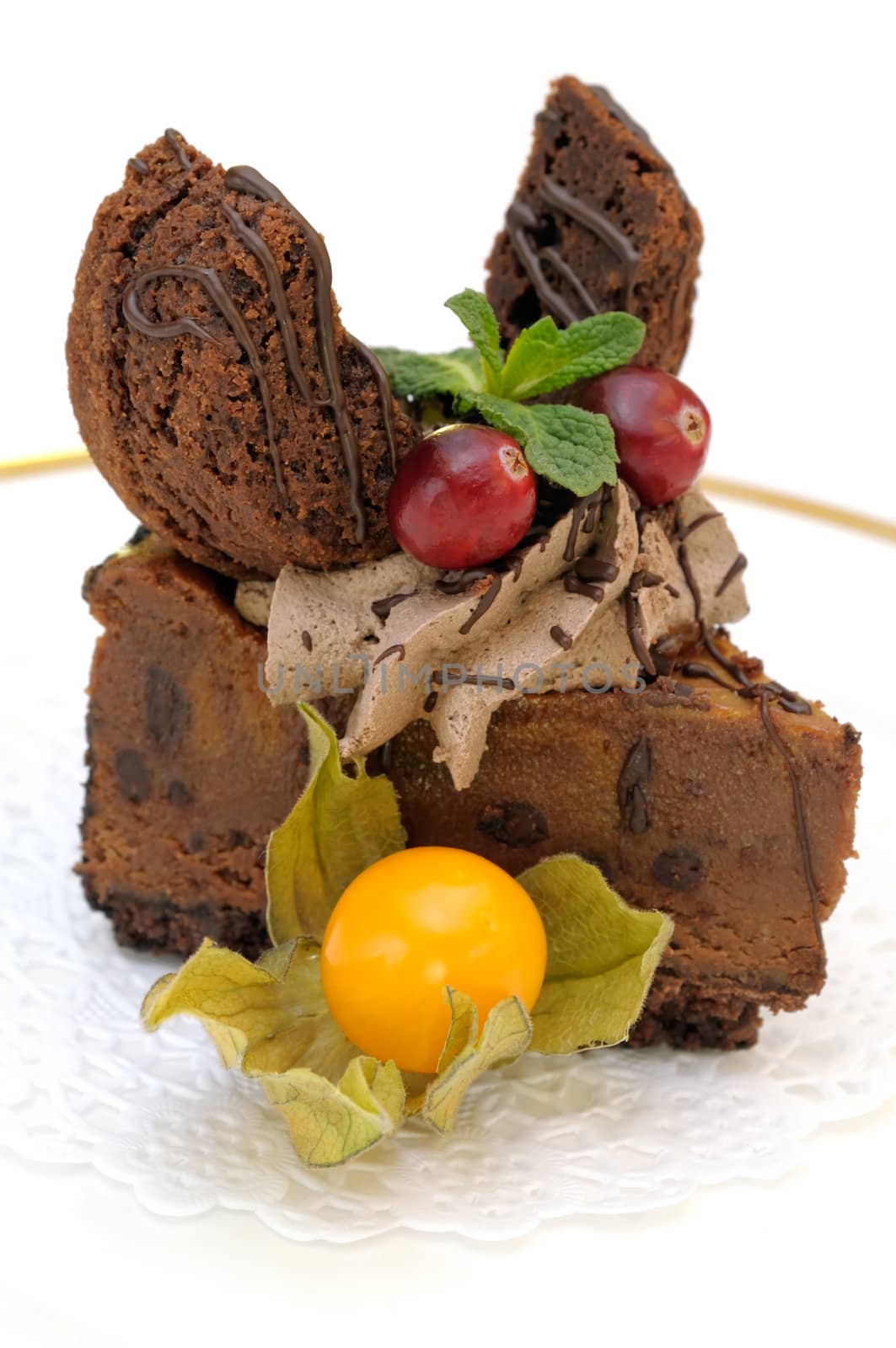 Chocolate cake slice decorated with fruits and looking like a dog head