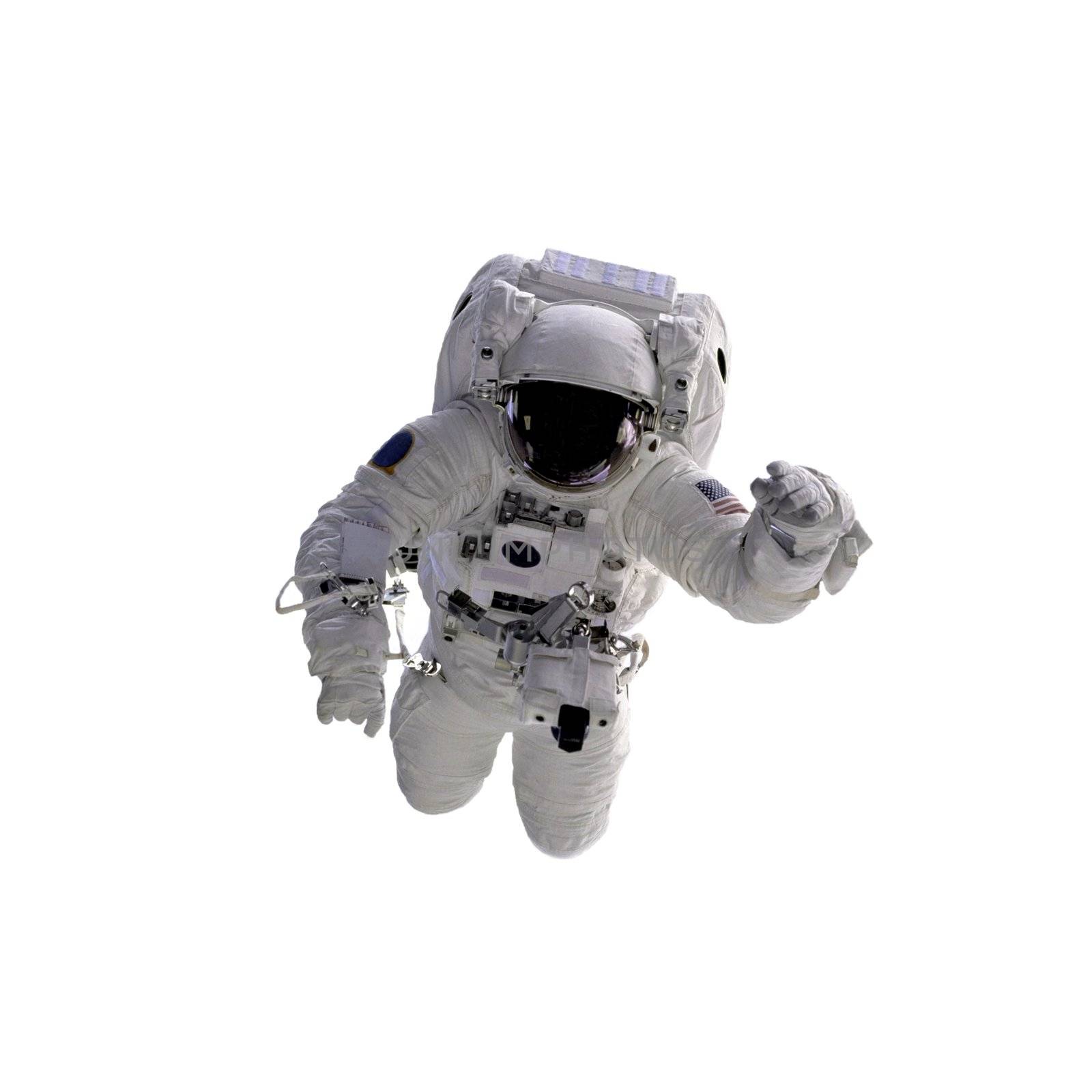 Flying astronaut on a black background. Some components of this image are provided courtesy of NASA, and have been found at nasaimages.org