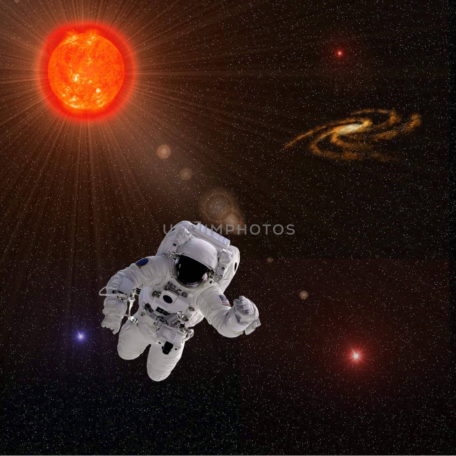 Flying astronaut on a background with Sun Stars Some components of this image are provided courtesy of NASA, and have been found at nasaimages.org