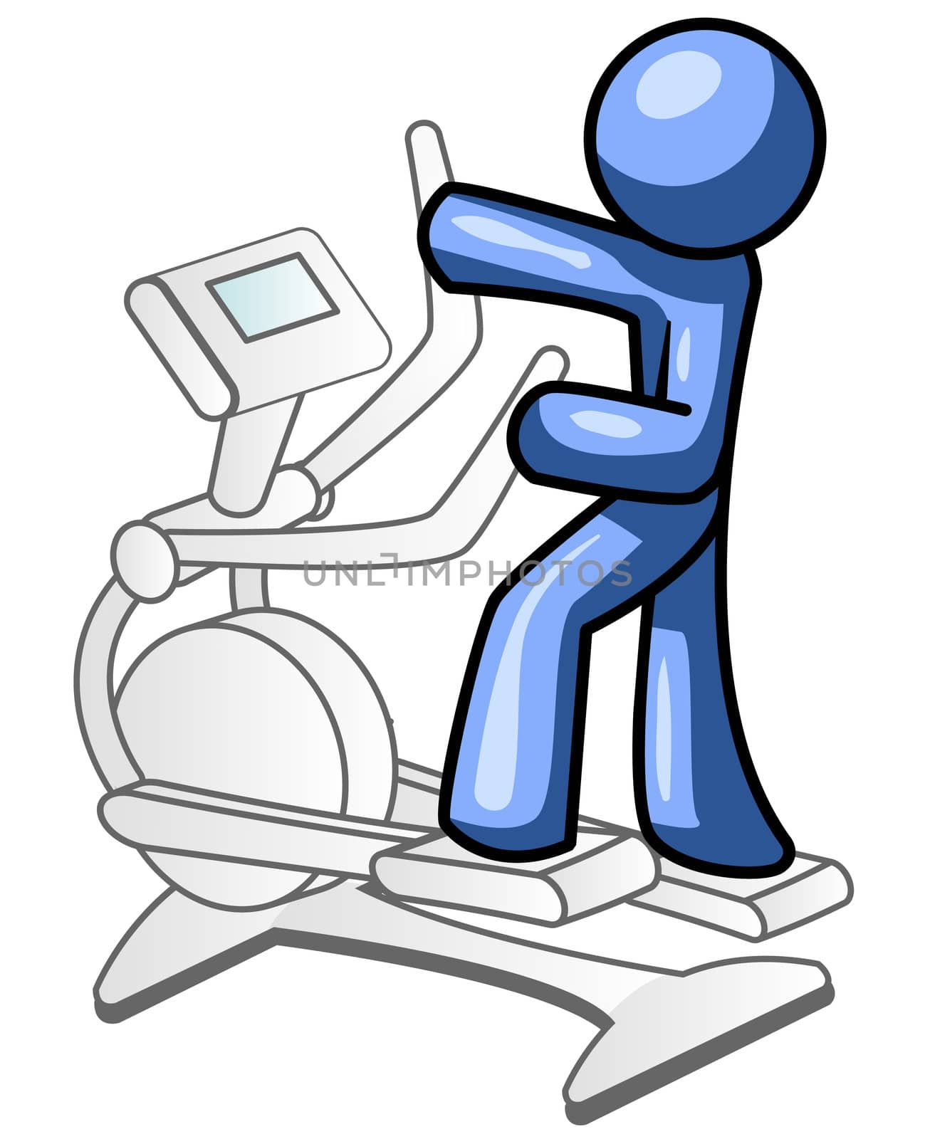 A blue man working out on an eliptical.