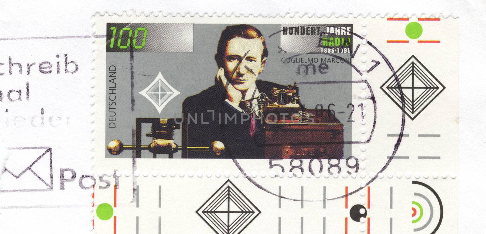 german postage stamp, commemorating 100 years of radio invention