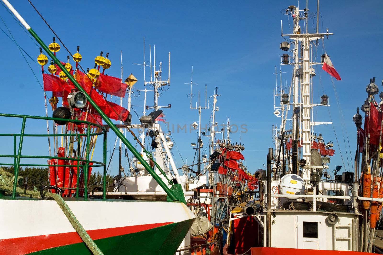 Ships close up in a harbor, port.