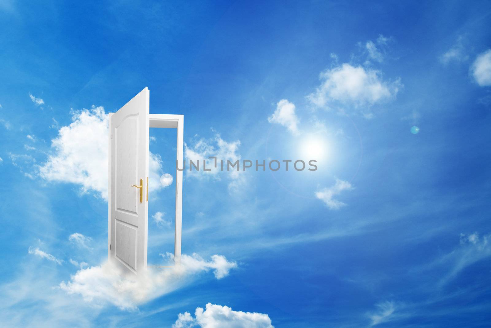 Door to new world. Open door on cloud conceptual. Other original versions of this concept available in my portfolio.