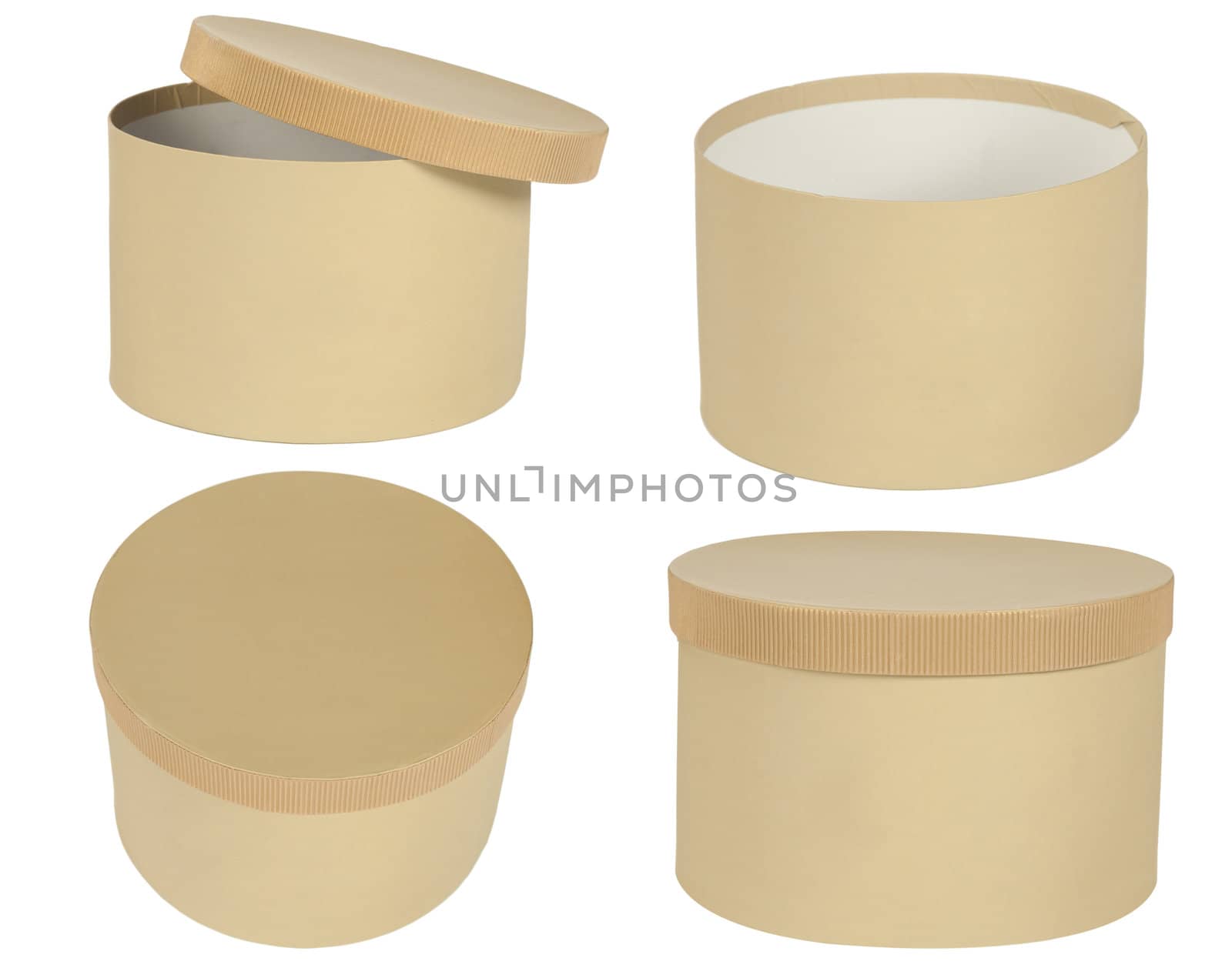 four point of view from round box, cardboard made, isolated on white 