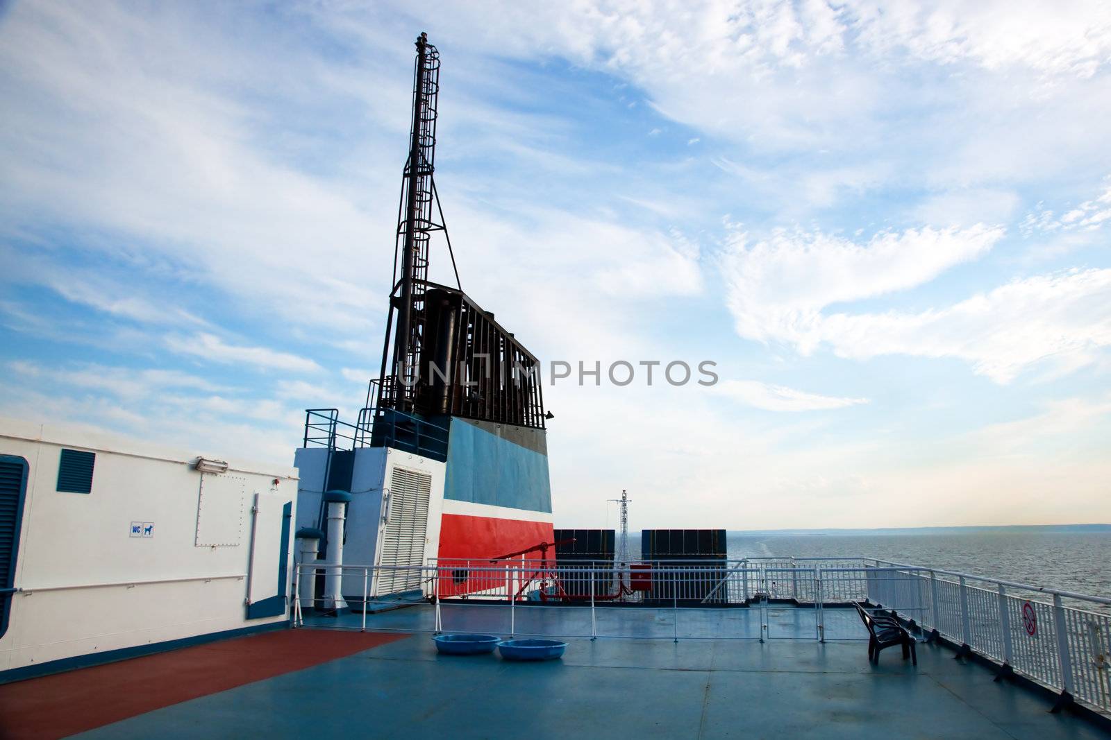 Ship deck, board view. Ocean, sea in a sunny day