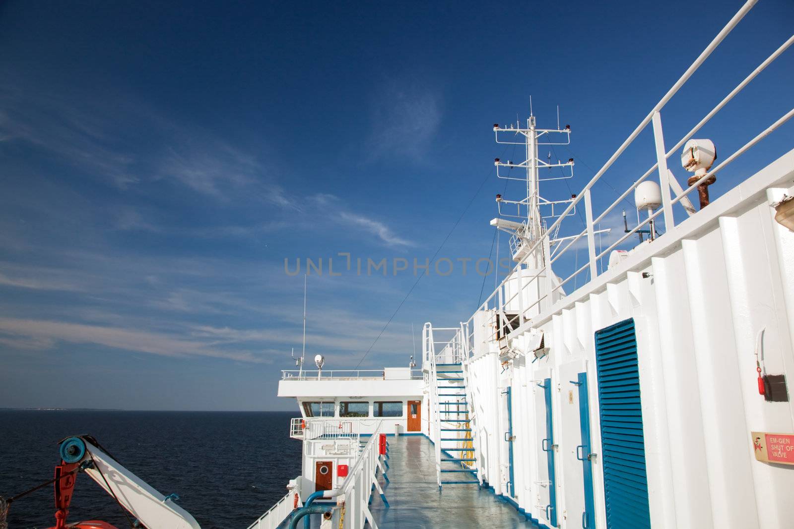 Ship deck, board view. Ocean, sea in a sunny day