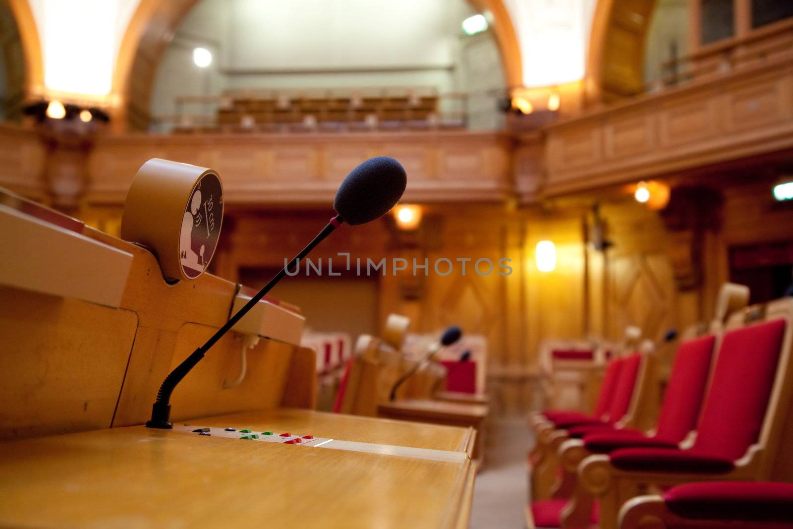 A classic interior of parliament. Microphone close up