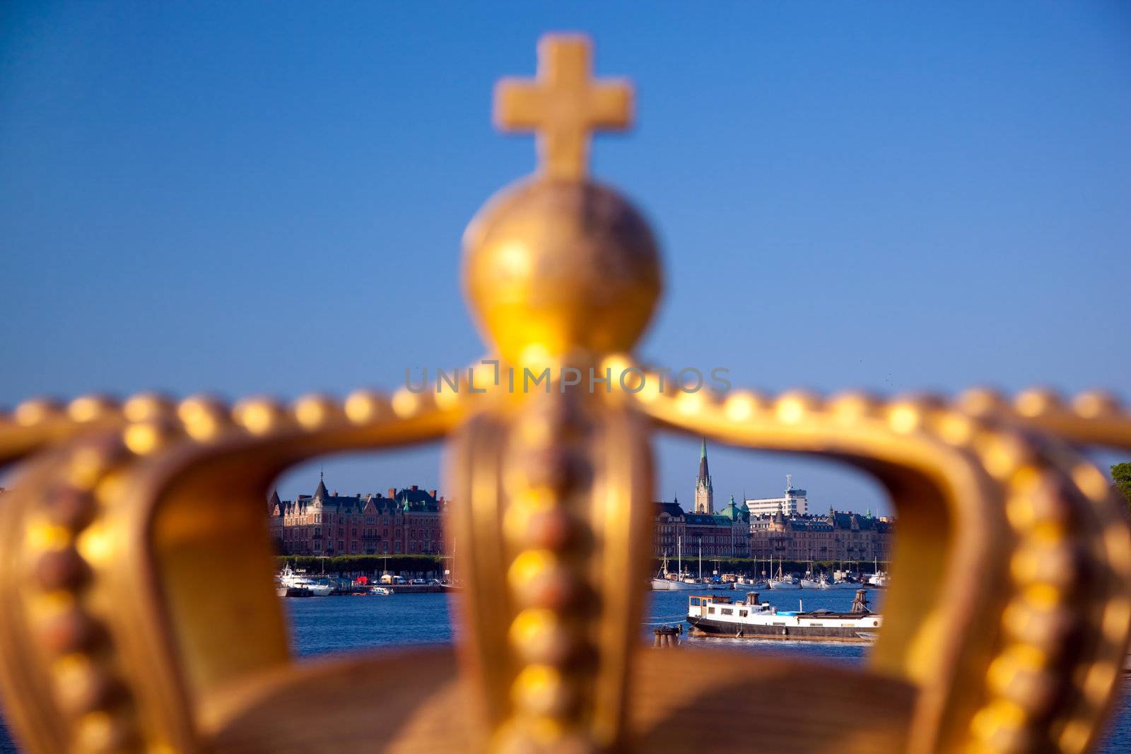 Stockholm, Sweden in Europe. Crown in the foreground, waterfront view on architecture