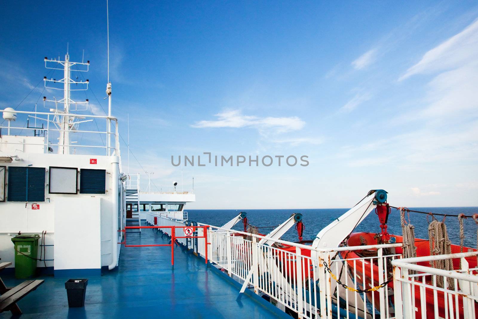 Ship deck, board view. Ocean, sea in a sunny day