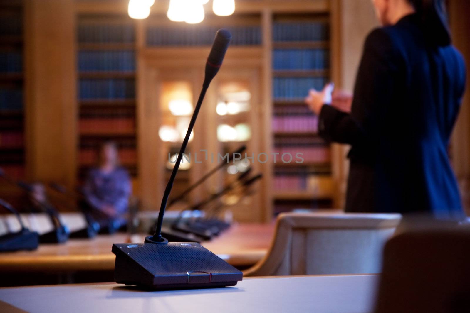 Meeting, conference, seminar. Microphone close up